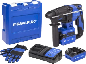 18 V RawlHAMMER Perforuotas grąžtas 20 mm 2,0 J 2 akumuliatoriai 5,0 Ah įkroviklis 6,5 A dėklas RawlCASE – plastikinis lagaminėlis – 1 vnt.