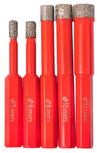 Deimantinių skylių pjūklų rinkinys HEX 5,6,8,10,12 mm maks. 3200 aps./min. – plastikinė dėžutė – 5 elementų