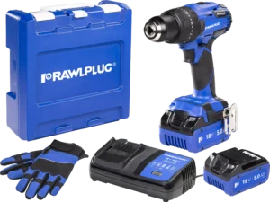18 V RawlDRIVER Gręžtuvas/suktuvas 60 Nm 2 akumuliatoriai 5,0 Ah įkroviklis 6,5 A dėklas RawlCASE – plastikinis lagaminėlis – 1 vnt.