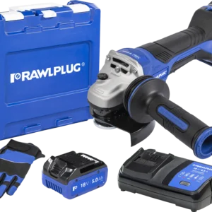 18 V RawlGRINDER 125 mm Kampinis šlifuoklis su mentele ir greičio reguliavimu. Rinkinys su RawlCASE, 2 akumuliatoriais 5.0 Ah ir 6.5 A RawlCHARGER – plastikinis lagaminėlis – 1 vnt.