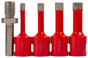 Deimantinių skylių pjūklų rinkinys M14 6,8,10,12 mm adapteris M14/HEX max 12000 aps./min. – plastikinė dėžutė – 5 elementų