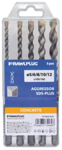 Agresoriaus grąžtų komplektas SDS Plus 5 vnt. -5,6,8,10,12 × 100 × 160 mm – plastikinė dėžutė – 5 elementų