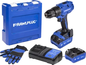 18 V RawlDRIVER 70Nm Akumuliatorinis gręžtuvas, komplektas su RawlCASE, 2 akumuliatoriai 5.0Ah ir 6.5A RawlCHARGER – plastikinis lagaminėlis – 1 vnt.