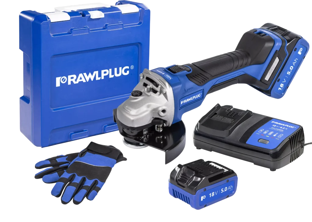 18 V RawlGRINDER 125 mm Kampinis šlifuoklis su greičio reguliavimu, komplektas su RawlCASE, 2 akumuliatoriai 5.0 Ah ir 6.5 A RawlCHARGER – plastikinis lagaminėlis – 1 vnt.