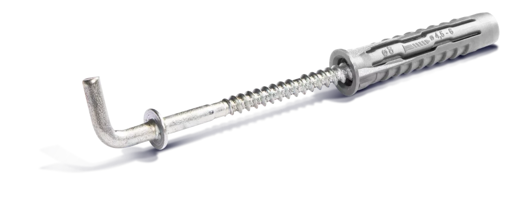 UNIPLUG Universalus kaištis 6 × 30 mm su kampiniu kabliu – lizdinė pakuotė – 4 vnt.