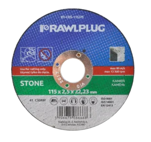 Korundo šlifavimo diskai akmeniui pjauti 115 × 2,5 × 22,23 mm – kartoninė dėžė – 25 vnt.