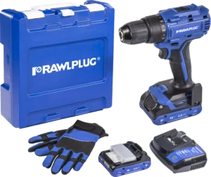 18 V RawlDRIVER 55Nm Akumuliatorinis gręžtuvas, komplektas su RawlCASE, 2 akumuliatoriai 2.0 Ah ir 1.5A RawlCHARGER – plastikinis lagaminėlis – 1 vnt.