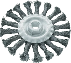 Diskinis šepetys 115 mm plieninis kampiniam šlifuokliui – lizdinė pakuotė – 1 vnt.