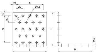 Lygiašonė perforuota kampinė jungtis D-KP 100 × 100 × 60 mm – vienetinė pakuotė – 1 vnt. techninis brėžinys