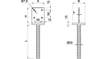 Kolonos kronšteinas betonavimui, forma I fi 20 × 200 x mm – etiketė – 1 vnt. techninis brėžinys
