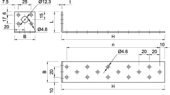 Perforuota kampinė jungtis D-LA 2 × 200 mm – vienetinė pakuotė – 1 vnt. techninis brėžinys