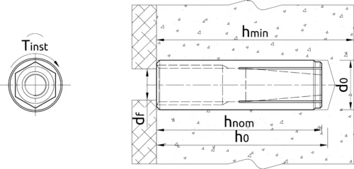 Cinkuotas įvorės inkaras su vidiniu sriegiu ir flanšu R-DCL M16 × 65 mm – kartoninė dėžė – 25 vnt. montavimo instrukcija